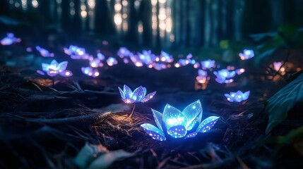 Poster - Glowing bioluminescent fungi on a dark forest floor