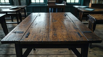 Poster - Rustic wooden table in a historical classroom setting, showcasing aged craftsmanship with visible textures and fixtures, evoking a sense of nostalgia and authenticity