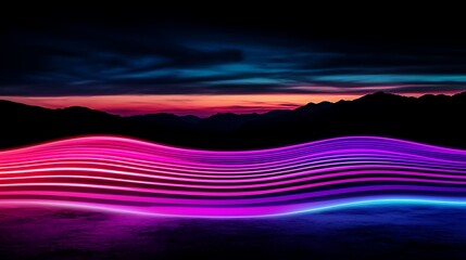 Poster - Abstract light trails across a landscape at dusk, showcasing vibrant gradient colors of pink and blue against a dark sky with silhouette mountains in the background