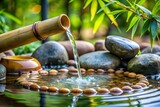 Bamboo fountain pour water into stone bowl. Zen garden concept