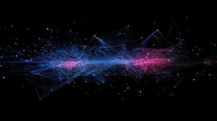 Poster - Abstract digital data visualization with blue and pink lines and graphs on a black background.