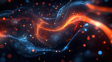Poster - abstract glowing 3d data visualization with orange and blue lines and dots on a dark background.
