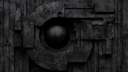 Poster - Abstract dark textured background with geometric shapes, featuring a spherical element in the center that creates a modern and industrial atmosphere suitable for various design projects.