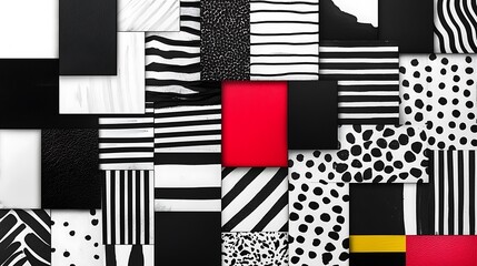 Poster - Abstract Composition of Black and White Textures with a Bold Red Accent, Featuring Stripes, Dots, and Various Patterns for Modern Design Inspiration