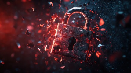 Poster - Broken padlock with shattered pieces flying, symbolizing an email security breach, dark background, glowing red highlights, cyber threat emphasis