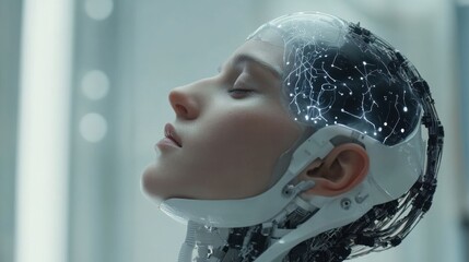 Poster - Futuristic Humanoid Robot Analyzing Neural Network in High-Tech Environment