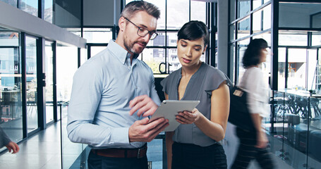 Poster - Teamwork, tablet and business people in office, internet and connection with online schedule. Employees, coworkers and consulting agency for insurance, technology or company website with digital app