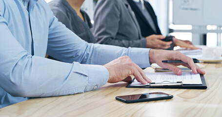 Poster - Hands, business people and meeting paperwork for audit, planning and contract for tax and accounting. Team, office and phone with financial report, data and information for professional project