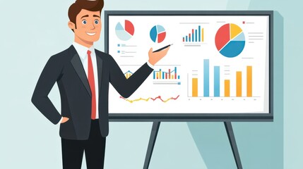 Poster - Professional presenting marketing metrics on interactive whiteboard, data visualization in business