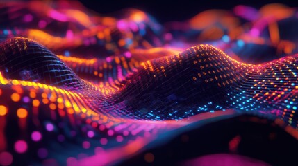 Poster - Vibrant visualization of a fluctuating data graph with colorful digital patterns in a high-tech environment