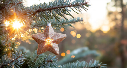 Poster - Holiday decoration on a pine tree with sparkling star ornament and sunlit background