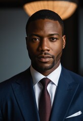 Portrait, African American man, navy blue suit, red tie, well-groomed, confident expression, dramatic lighting, chiaroscuro effect, professional headshot, sharp features, strong jawline, dark backgrou