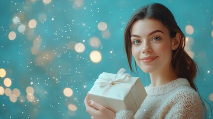 Canvas Print - Woman holding a gift box on a winter background.