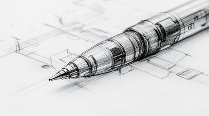 Poster - A close-up of a highly detailed technical drawing of a pen, with clear lines and design details, capturing its precision and construction