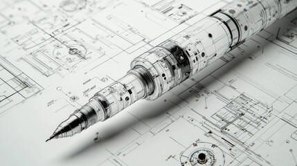 Poster - A close-up of a highly detailed technical drawing of a pen, with clear lines and design details, capturing its precision and construction