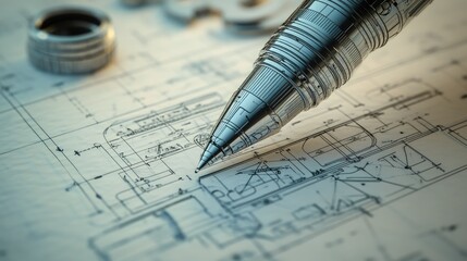 Poster - A close-up of a technical illustration depicting the detailed design of a pen, showing every element from nib to cap with exact specifications