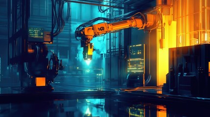 Aufkleber - A digital rendering of a robotic arm welding in a dark industrial setting, with glowing light highlighting its precision, demonstrating advanced manufacturing technology