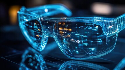 Poster - A high-tech transparent smart glass interface showcasing glowing data and dynamic wireframe polygons, illustrating the next generation of computing and augmented reality