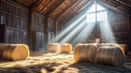 Poster - A peaceful, rustic barn interior with dramatic beams of sunlight shining through wooden beams, casting a warm glow over golden hay bales, creating a cozy and serene setting