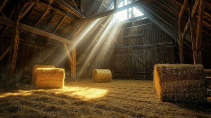 Poster - A peaceful, rustic barn interior with dramatic beams of sunlight shining through wooden beams, casting a warm glow over golden hay bales, creating a cozy and serene setting