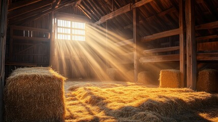 Poster - A peaceful, rustic barn interior with dramatic beams of sunlight shining through wooden beams, casting a warm glow over golden hay bales, creating a cozy and serene setting