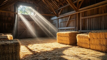 Poster - A peaceful, rustic barn interior with dramatic beams of sunlight shining through wooden beams, casting a warm glow over golden hay bales, creating a cozy and serene setting