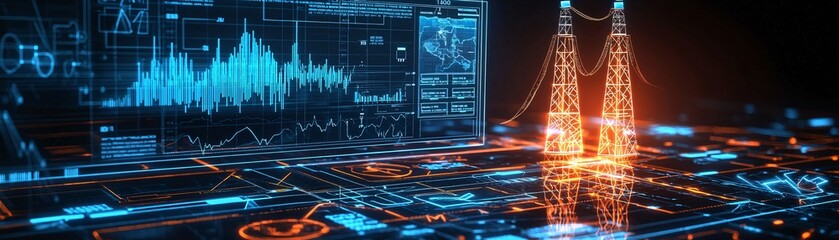Aufkleber - a glowing stock chart rising against a background of energy icons