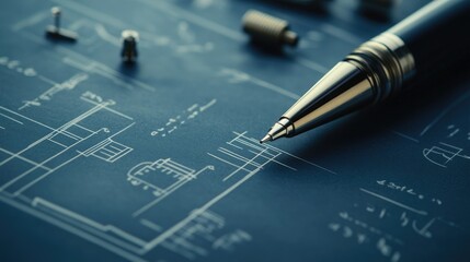 Poster - Close-up of a technical blueprint showing the intricate design and construction of a pen, with detailed annotations and dimensions of its parts