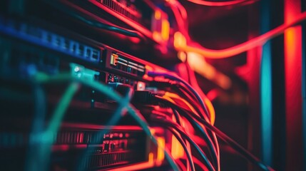 Poster - Close-up of tangled, colorful server wires and cables crisscrossing inside a data center's network rack, representing the complexity of digital systems
