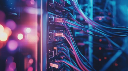 Poster - Close-up shot of a tangled mess of colorful cables and wires inside a data center's server rack, showcasing chaotic complexity and connectivity