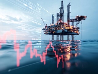 Poster - Oil rigs and offshore platforms, investment growth charts overlayed, editorial photography for a financial magazine