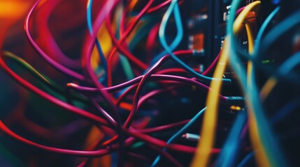 Poster - Close-up shot of a tangled mess of colorful cables and wires inside a data center's server rack, showcasing chaotic complexity and connectivity