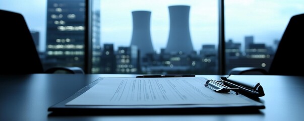 Poster - nuclear power plant cooling towers in the background of a clean-energy portfolio meeting, modern edi