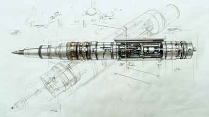 Poster - Detailed technical drawing of a pen, showcasing its design, structure, and mechanical components, with precise measurements and annotations