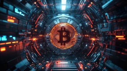 Poster - Digital futuristic cryptocurrency vault, with complex security mechanisms, metallic surfaces, and high-tech interfaces, evoking a sci-fi cinematic design