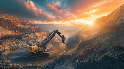 Poster - Excavator operating at sunrise in a rugged mountainous mining landscape, surrounded by dramatic cliffs and vibrant sky, with clouds adding to the breathtaking backdrop