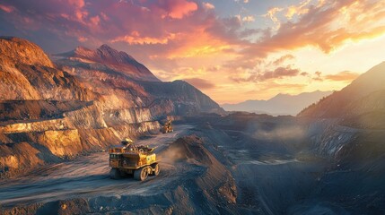 Poster - Excavator working in a mountainous mining landscape at sunrise, with dramatic cliffs and a stunning sky filled with vibrant clouds, illustrating a powerful industrial setting
