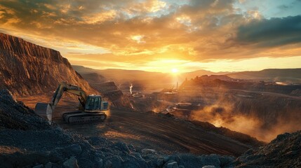 Poster - Excavator working in a mountainous mining landscape at sunrise, with dramatic cliffs and a stunning sky filled with vibrant clouds, illustrating a powerful industrial setting