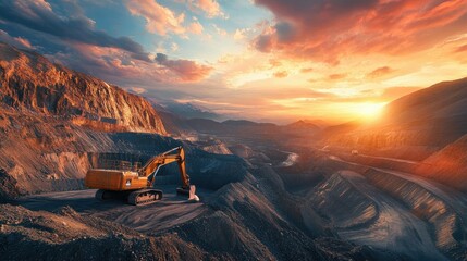 Poster - Excavator working in a mountainous mining landscape at sunrise, with dramatic cliffs and a stunning sky filled with vibrant clouds, illustrating a powerful industrial setting