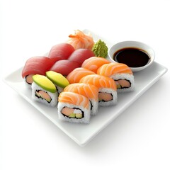 Wall Mural - A plate of sushi featuring various rolls, sashimi, wasabi, and soy sauce for dining.