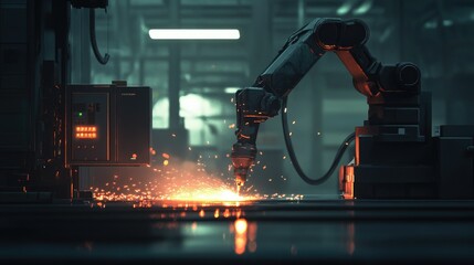 Aufkleber - Generative AI illustration of a robotic arm welding in an industrial space, with glowing sparks and a dark, empty room, showcasing the precision and power of automated production