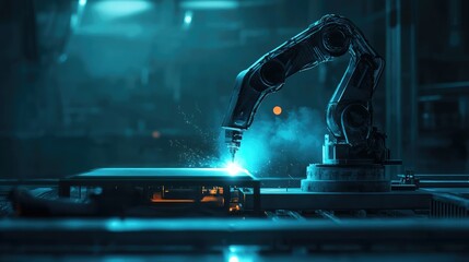 Aufkleber - Generative AI illustration of a robotic arm welding with glowing light in a dark, empty industrial room, representing cutting-edge automation in factory production