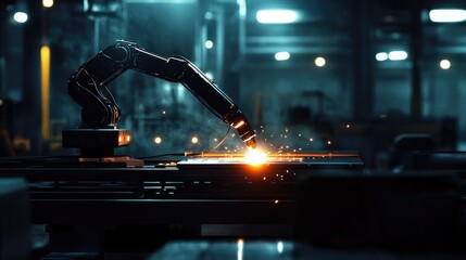 Aufkleber - Generative AI illustration of a robotic arm welding with glowing light in a dark, empty industrial room, representing cutting-edge automation in factory production