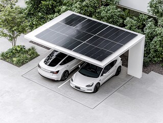 Poster - Electric cars charging under a solar-powered canopy, vibrant magazine visuals showcasing innovation