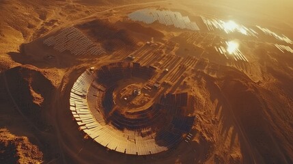 Poster - High-altitude aerial view of a solar thermal power plant in the desert, showcasing the intricate setup of reflective mirrors and energy collection systems