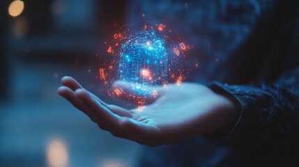 Poster - Concept of artificial intelligence and futuristic digital technology. Businessman's hand show virtual brain Smart (AI) Assistant 