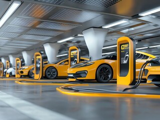 Poster - Electric cars charging under a solar-powered canopy, vibrant magazine visuals showcasing innovation