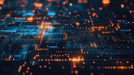 Poster - High-tech close-up of a blue computer circuit board with complex connections, representing data flow and the backbone of modern digital technology