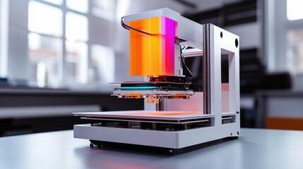 Poster - Innovative AI-powered 3D printer layering vibrant, colorful materials, showcasing cutting-edge technology and creativity in real-time production in a modern manufacturing environment