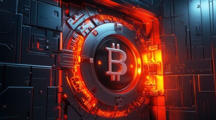 Poster - Intricate, high-tech cryptocurrency vault with advanced security features, glowing digital interfaces, and sleek metallic textures, creating a futuristic financial setting